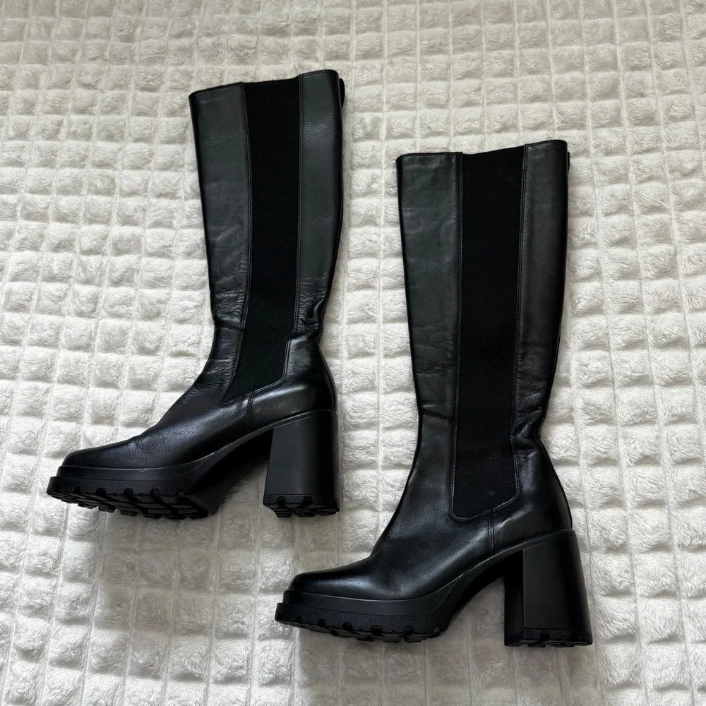 Steve Madden 7 Alesti Black Leather Chunky Block Heel Boots Y2K 90 Vibes Grunge